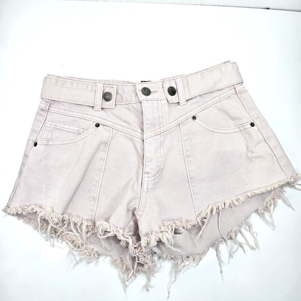Womens Beige Y2K 90s High Rise Belted Beige Cut off Raw Hem Shorts